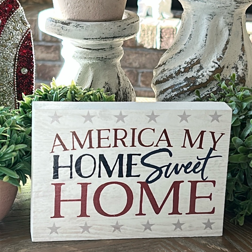 NEW! Modern Farmhouse America My Home Sweet Home Patriotic Star Wood Sign